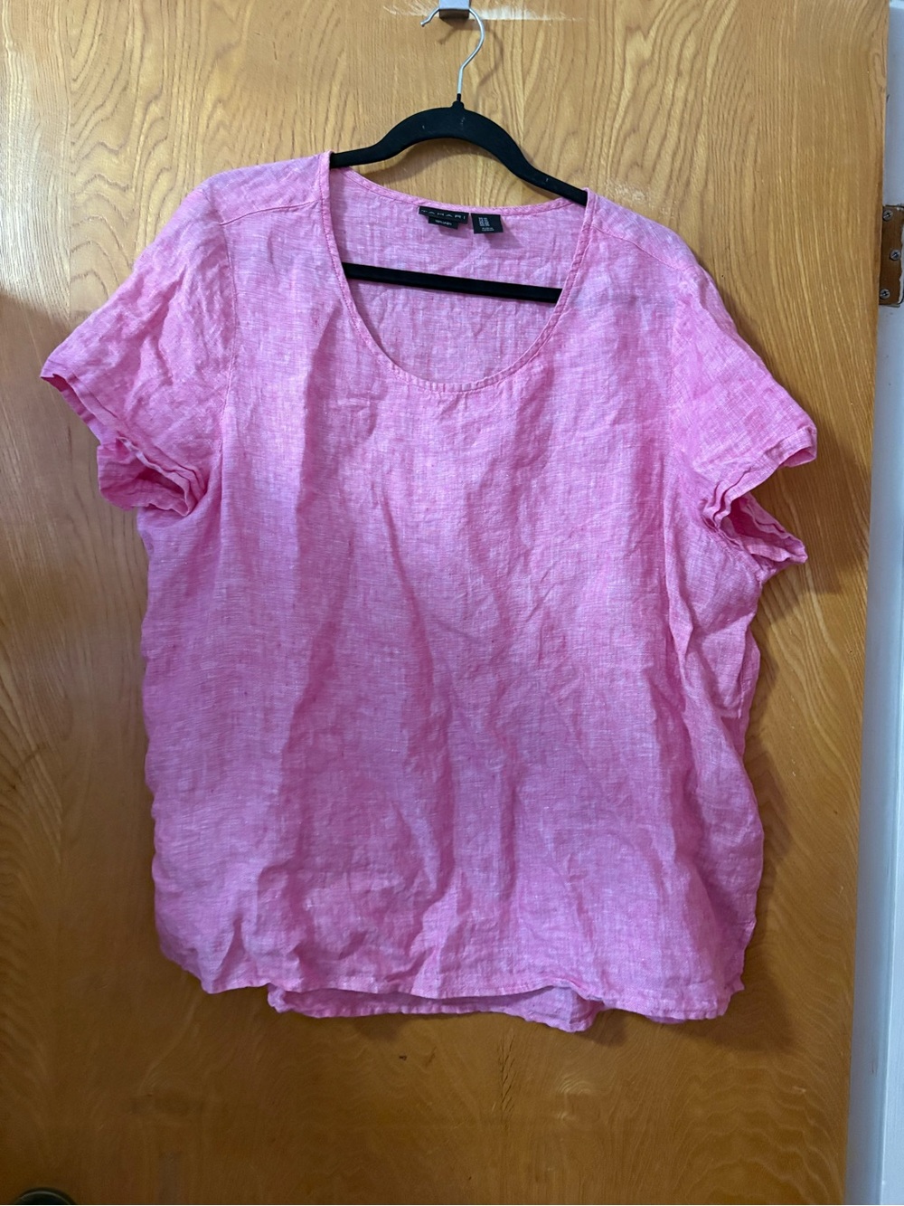 Tahari Pink Scoop Neck Short Sleeve Linen-Blend Top 1X - Picture 1 of 8